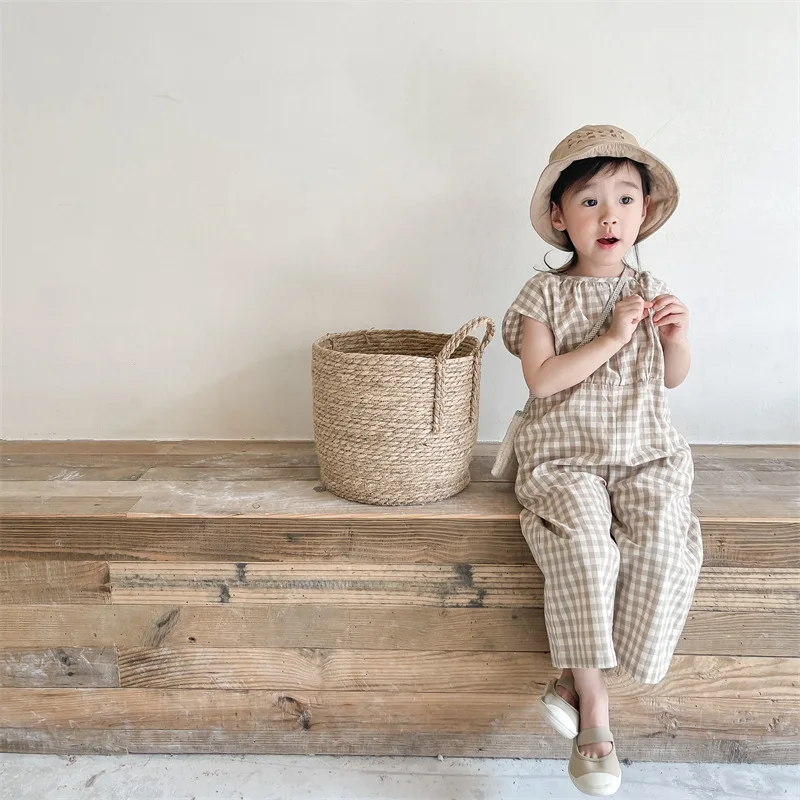 Baby Summer Linen Sleeveless Jumpsuit - Monos a cuadros para niñas, mono